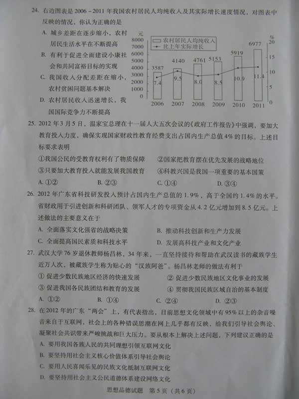 广东省2012年中考政治《思想品德》考试试卷
