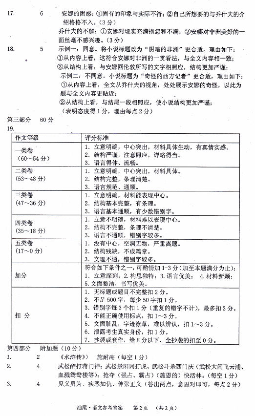 广东省汕尾市2015年中考语文试卷及答案|初中毕业生学业考试