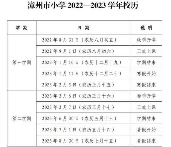 2023年漳州市中小学寒暑假放假时间及开学时间安排(校历)